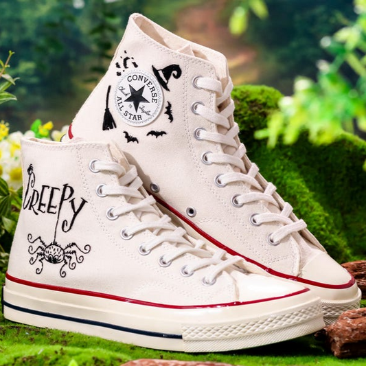 Embroidered Converse, Pumpkins and Ghosts Embroidery Shoes, Halloween Vibes Embroidered Sneakers, Embroidered Wedding Reception Shoes