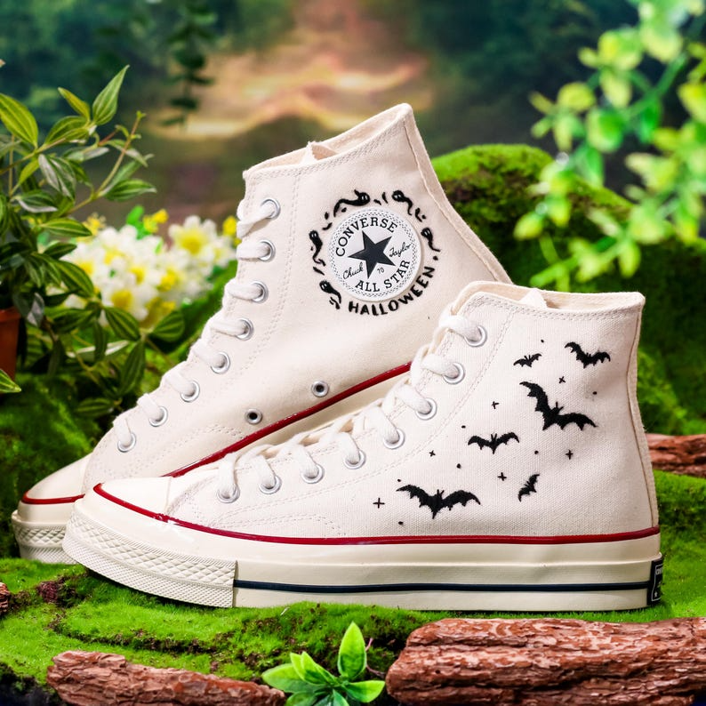 Embroidered Converser, Pumpkins and Ghosts Embroidery Shoes, Halloween Vibes Embroidered Sneakers, Embroidered Wedding Reception Shoes