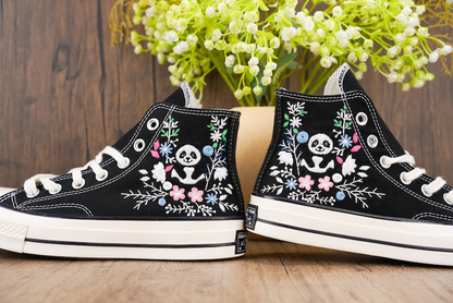 Custom Black Converse Chuck Taylor Embroidered, Panda And Flowers Hand Embroidered Converse