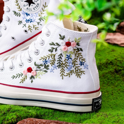 Wedding Converse High Tops Custom, Bridal Flower Embroidery Shoes, Wedding Flower Embroidered Sneaker for Bride, Unique Gifts for Couple