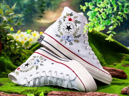 Wedding Converse High Tops Custom, Bridal Flower Embroidery Shoes, Wedding Flower Embroidered Sneaker for Bride, Unique Gifts for Couple