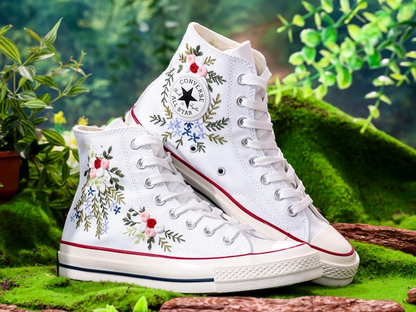 Wedding Converse High Tops Custom, Bridal Flower Embroidery Shoes, Wedding Flower Embroidered Sneaker for Bride, Unique Gifts for Couple