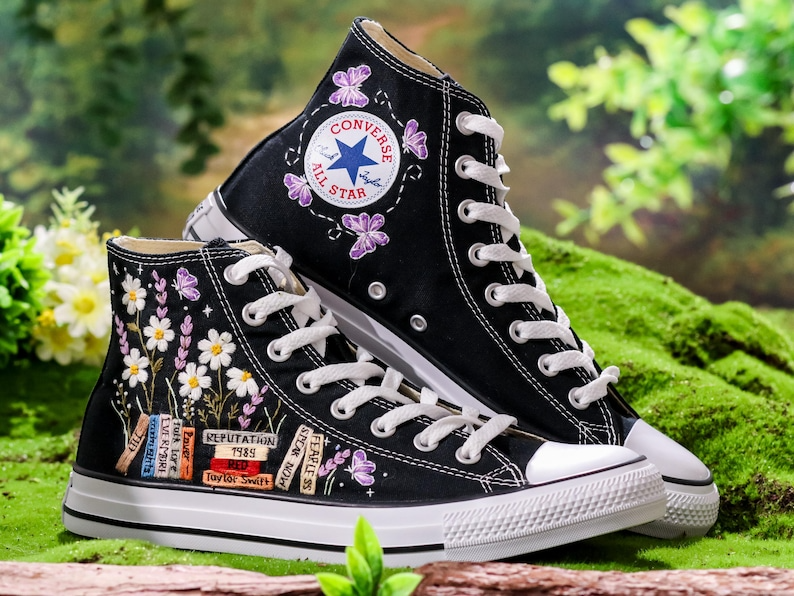 Custom Embroidered Converse, Chuck Taylor Converse Embroidered Lavender, Butterfly, Flower Embroidered Swift Shoes, 1989 Embroidered Sneaker