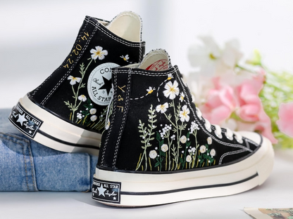 Custom Converse Chuck Taylor Daisy Embroidered Converse Shoes, Garden Flower Embroidered Sneaker, Embroidery Floral Shoes, Gifts for Her