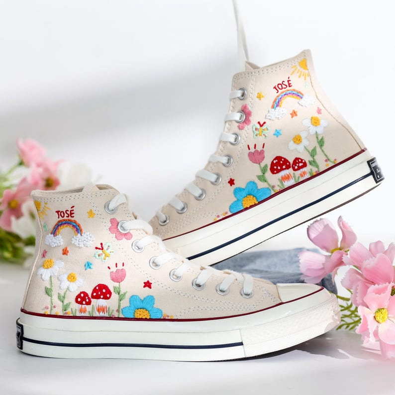 Embroidered Converse Mushroom, Daisy, Rainbow, Custom Converse Embroidery Mushroom, Cute Shoes Embroidered Bee, Mushrooms, Gift for Her