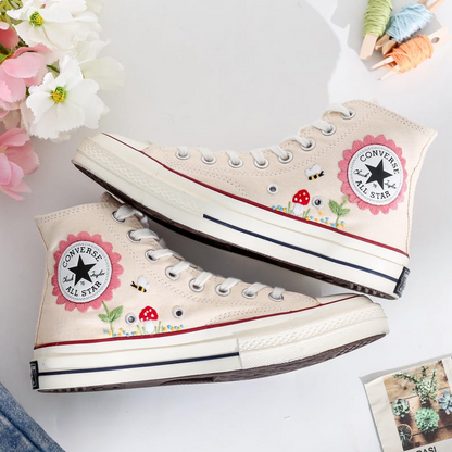 Embroidered Converse Mushroom, Daisy, Rainbow, Custom Converse Embroidery Mushroom, Cute Shoes Embroidered Bee, Mushrooms, Gift for Her