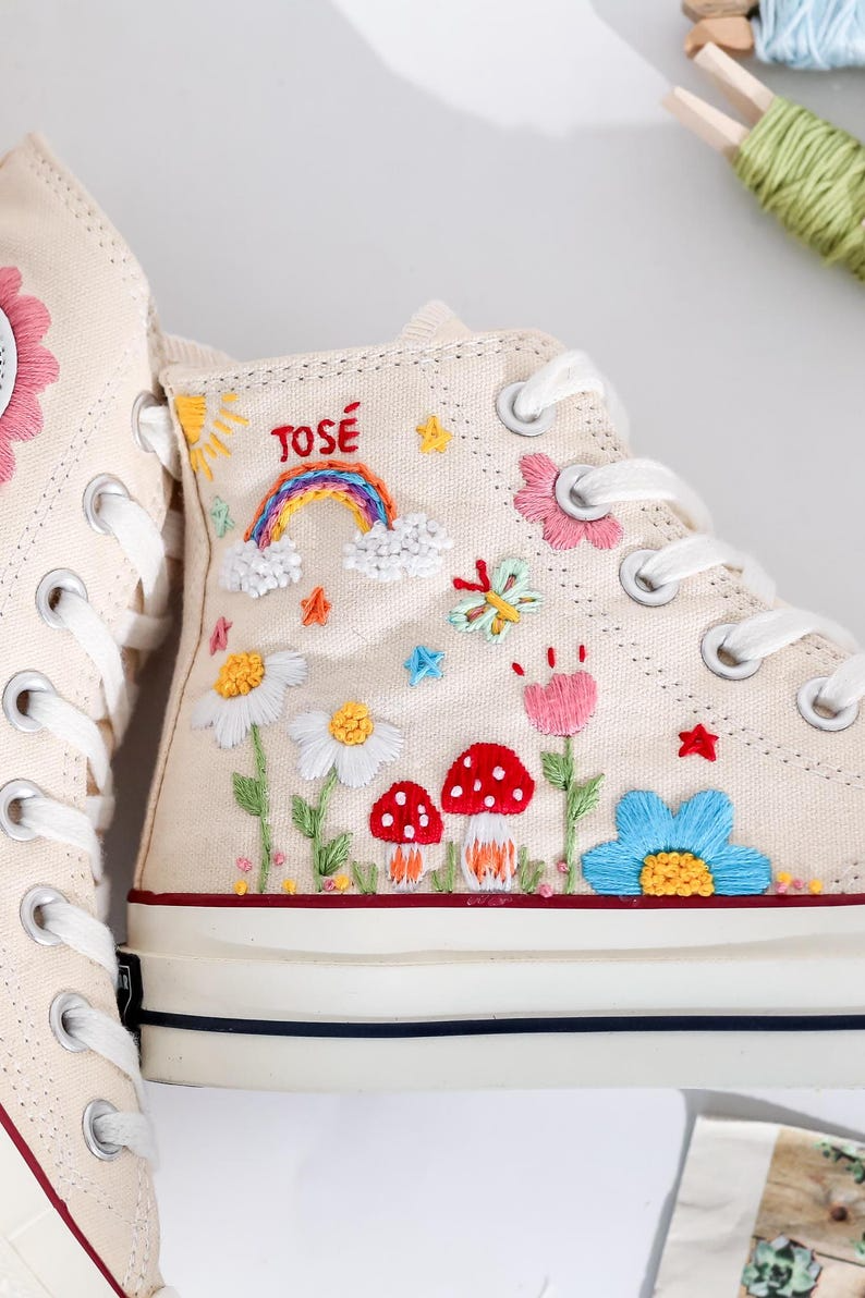 Embroidered Converse Mushroom, Daisy, Rainbow, Custom Converse Embroidery Mushroom, Cute Shoes Embroidered Bee, Mushrooms, Gift for Her