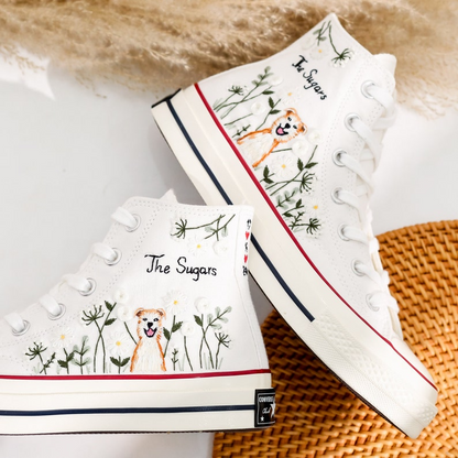 Embroidered Converse , Dog and White Flower Embroidered Shoes, Name and Dog Embroidered Sneaker Custom, Pet Embroidery Converse, Pet Gifts