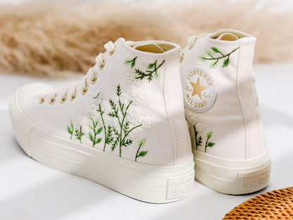 Wedding Converse Platform Embroidered Flower, White Flower Embroidered Shoes Custom, Bridal Flower Embroidery Shoes for Bride, Wedding Gift