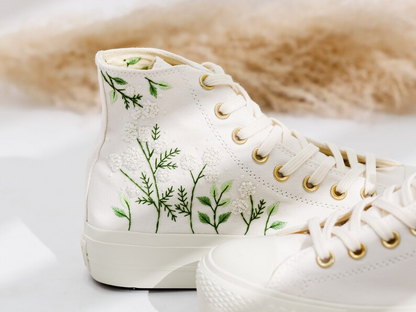 Wedding Converse Platform Embroidered Flower, White Flower Embroidered Shoes Custom, Bridal Flower Embroidery Shoes for Bride, Wedding Gift