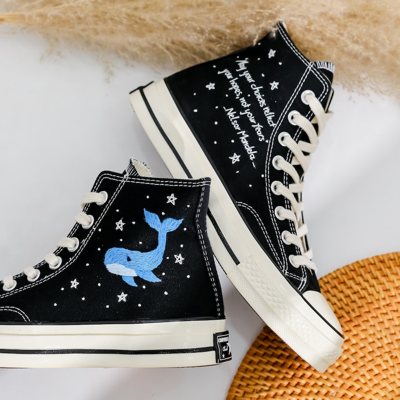 Embroidered Converse, Dolphin Embroidered Shoes Custom, Blue Whale Embroidery Sneaker, Ocean Constellation Embroidered Converse Gift for Her