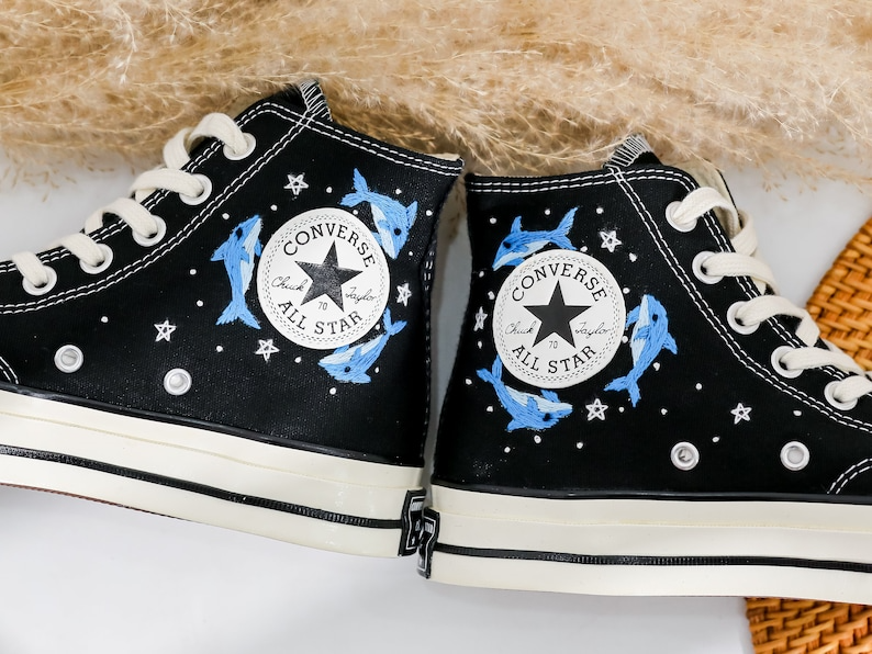 Embroidered Converse, Dolphin Embroidered Shoes Custom, Blue Whale Embroidery Sneaker, Ocean Constellation Embroidered Converse Gift for Her