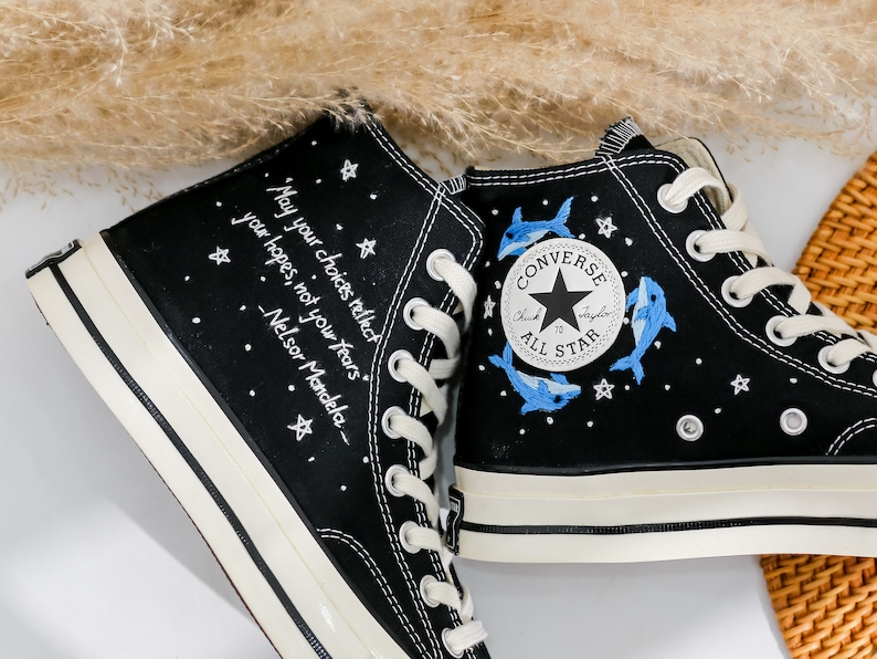 Embroidered Converse, Dolphin Embroidered Shoes Custom, Blue Whale Embroidery Sneaker, Ocean Constellation Embroidered Converse Gift for Her