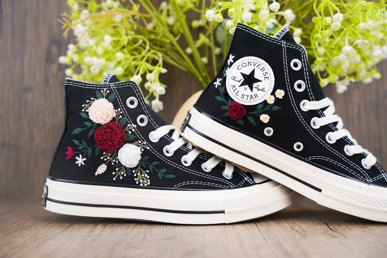 Custom Black Converse Chuck Taylor Embroidered, Rose Flowers Hand Embroidered Converse