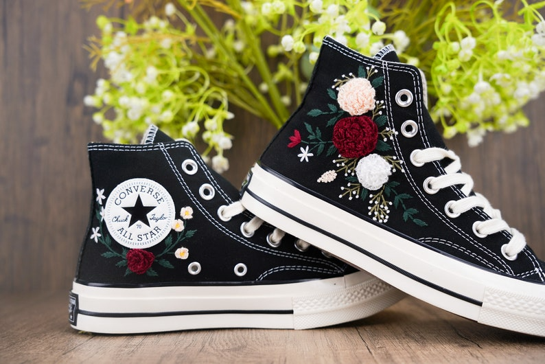 Custom Black Converse Chuck Taylor Embroidered, Rose Flowers Hand Embroidered Converse