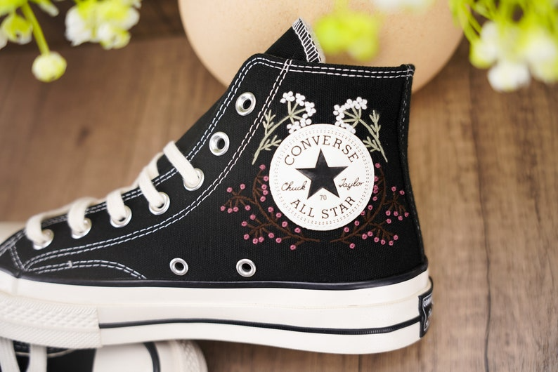 Custom Black Converse Chuck Taylor Embroidered, Baby's Breath Flowers Hand Embroidered Converse