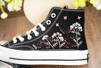 Custom Black Converse Chuck Taylor Embroidered, Baby's Breath Flowers Hand Embroidered Converse