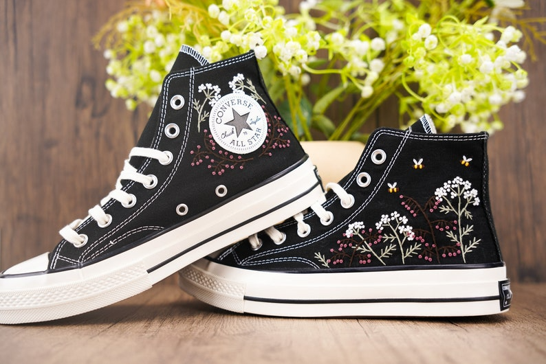 Custom Black Converse Chuck Taylor Embroidered, Baby's Breath Flowers Hand Embroidered Converse