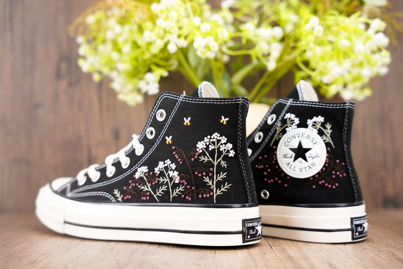 Custom Black Converse Chuck Taylor Embroidered, Baby's Breath Flowers Hand Embroidered Converse