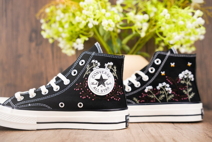 Custom Black Converse Chuck Taylor Embroidered, Baby's Breath Flowers Hand Embroidered Converse