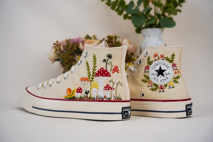 Custom Converse Chuck Taylor Embroidered, Strawbery And Snail Hand Embroidered Converse, Wedding Flowers Shoes