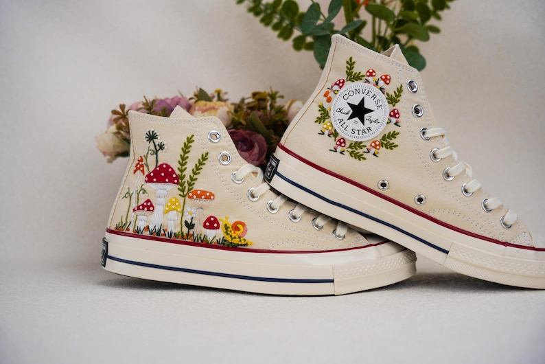 Custom Converse Chuck Taylor Embroidered, Strawbery And Snail Hand Embroidered Converse, Wedding Flowers Shoes