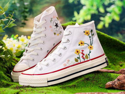 Embroidered Wedding Converse, Bridal Flowers Embroidered Sneakers for Bride, Sunflower Embroidery Shoes for Bride, Wedding Gift for Couple