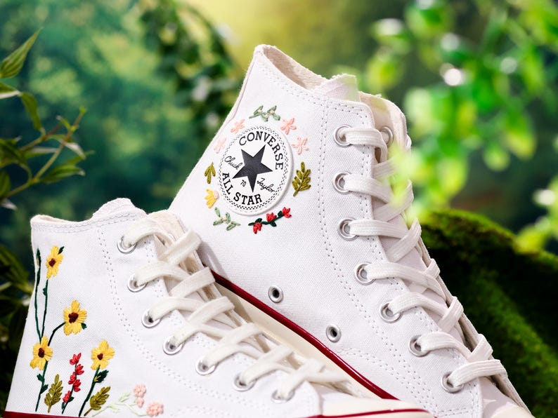 Embroidered Wedding Converse, Bridal Flowers Embroidered Sneakers for Bride, Sunflower Embroidery Shoes for Bride, Wedding Gift for Couple