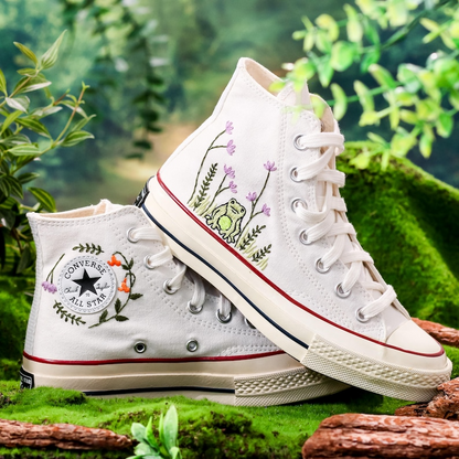 Converse Embroidered Mushroom, Frog And Floral Converse Chuck Taylor Embroidered Mushroom, Mushrooms Embroidered Converse, Mushroom Embroidery Sneaker