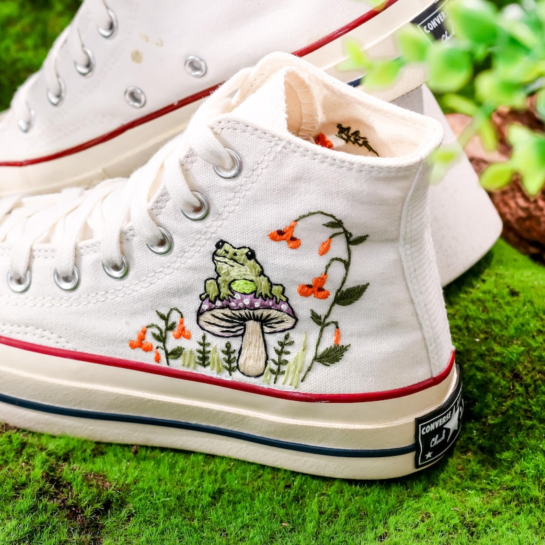 Converse Embroidered Mushroom, Frog And Floral Converse Chuck Taylor Embroidered Mushroom, Mushrooms Embroidered Converse, Mushroom Embroidery Sneaker