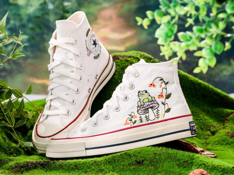 Converse Embroidered Mushroom, Frog And Floral Converse Chuck Taylor Embroidered Mushroom, Mushrooms Embroidered Converse, Mushroom Embroidery Sneaker