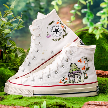 Converse Embroidered Mushroom, Frog And Floral Converse Chuck Taylor Embroidered Mushroom, Mushrooms Embroidered Converse, Mushroom Embroidery Sneaker