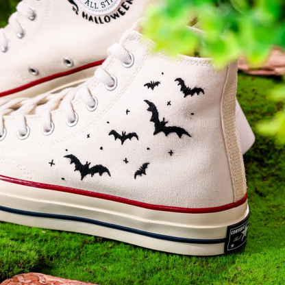 Embroidered Converser, Pumpkins and Ghosts Embroidery Shoes, Halloween Vibes Embroidered Sneakers, Embroidered Wedding Reception Shoes