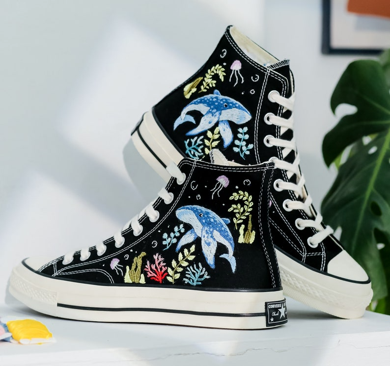 Custom Embroidered Converse, Ocean and Whales Embroidered Shoes, Coral, Whales Embroidered Converse, Jellyfish Embroidered Sneaker for Her