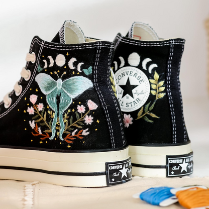 Embroidered Converse, Gothic Luna Moth Embroidered Shoes, Celestial Butterfly Embroidered Sneakers, Luna Moth Embroidery, Halloween Vibes