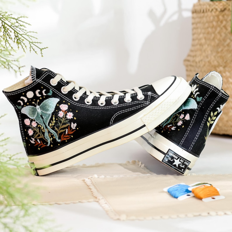 Embroidered Converse, Gothic Luna Moth Embroidered Shoes, Celestial Butterfly Embroidered Sneakers, Luna Moth Embroidery, Halloween Vibes