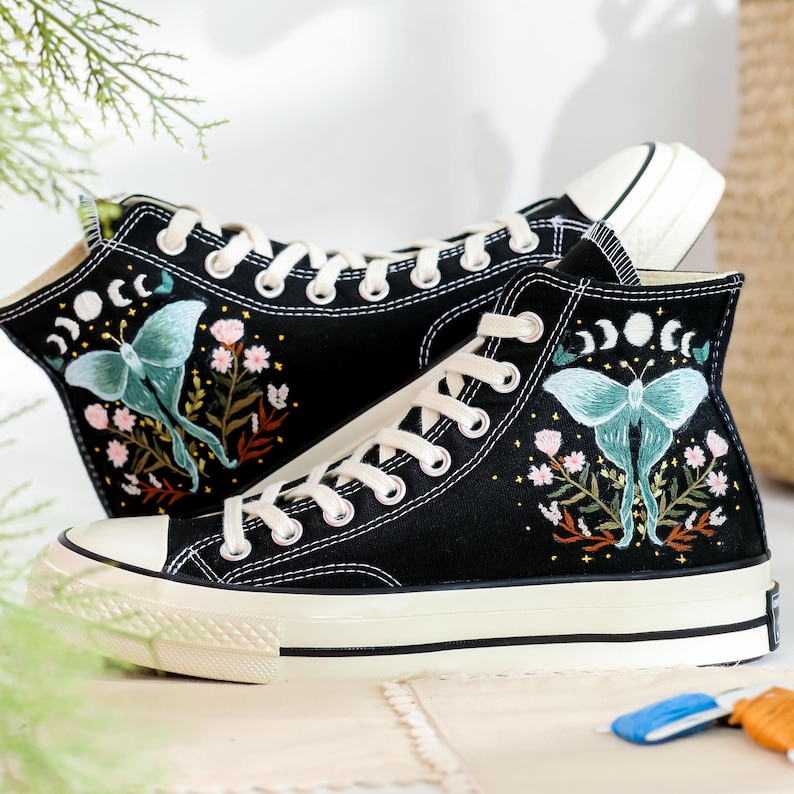 Embroidered Converse, Gothic Luna Moth Embroidered Shoes, Celestial Butterfly Embroidered Sneakers, Luna Moth Embroidery, Halloween Vibes