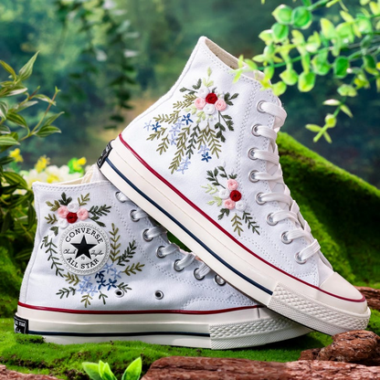 Wedding Converse High Tops Custom, Bridal Flower Embroidery Shoes, Wedding Flower Embroidered Sneaker for Bride, Unique Gifts for Couple