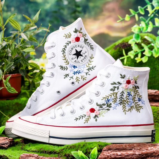 Wedding Converse High Tops Custom, Bridal Flower Embroidery Shoes, Wedding Flower Embroidered Sneaker for Bride, Unique Gifts for Couple