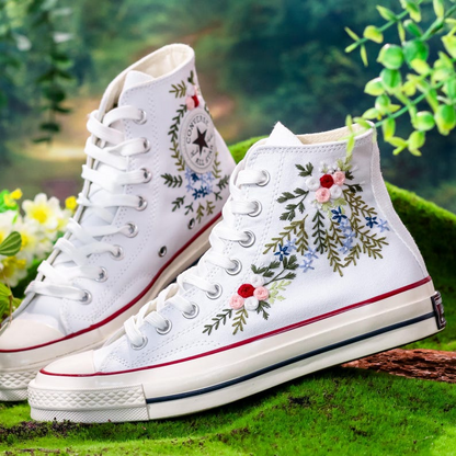 Wedding Converse High Tops Custom, Bridal Flower Embroidery Shoes, Wedding Flower Embroidered Sneaker for Bride, Unique Gifts for Couple