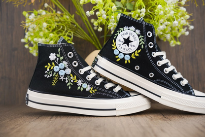 Custom Converse Chuck Taylor Embroidered, Blue Rose Flower Hand Embroidered Converse, Custom Wedding Shoes