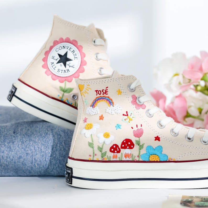 Embroidered Converse Mushroom, Daisy, Rainbow, Custom Converse Embroidery Mushroom, Cute Shoes Embroidered Bee, Mushrooms, Gift for Her