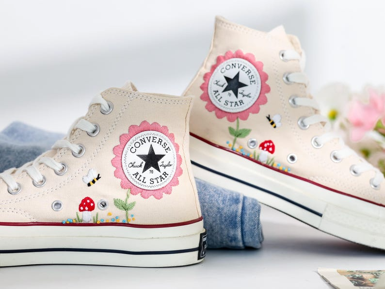 Embroidered Converse Mushroom, Daisy, Rainbow, Custom Converse Embroidery Mushroom, Cute Shoes Embroidered Bee, Mushrooms, Gift for Her