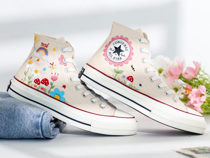 Embroidered Converse Mushroom, Daisy, Rainbow, Custom Converse Embroidery Mushroom, Cute Shoes Embroidered Bee, Mushrooms, Gift for Her