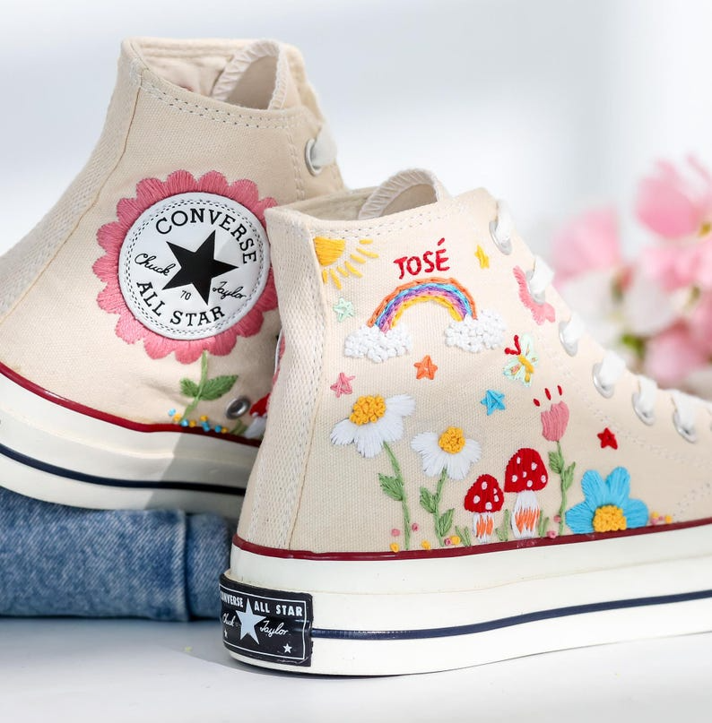 Embroidered Converse Mushroom, Daisy, Rainbow, Custom Converse Embroidery Mushroom, Cute Shoes Embroidered Bee, Mushrooms, Gift for Her