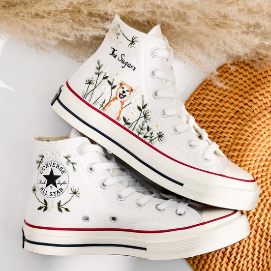 Embroidered Converse , Dog and White Flower Embroidered Shoes, Name and Dog Embroidered Sneaker Custom, Pet Embroidery Converse, Pet Gifts