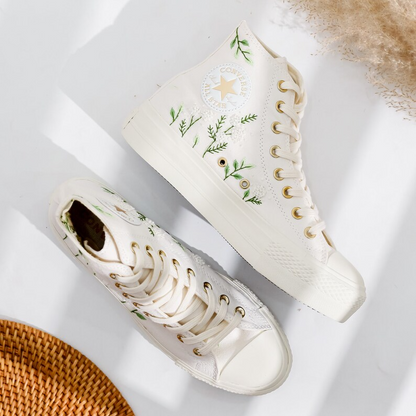 Wedding Converse Platform Embroidered Flower, White Flower Embroidered Shoes Custom, Bridal Flower Embroidery Shoes for Bride, Wedding Gift