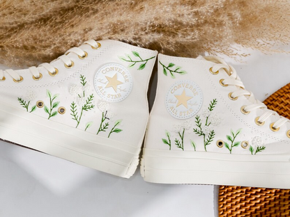 Wedding Converse Platform Embroidered Flower, White Flower Embroidered Shoes Custom, Bridal Flower Embroidery Shoes for Bride, Wedding Gift