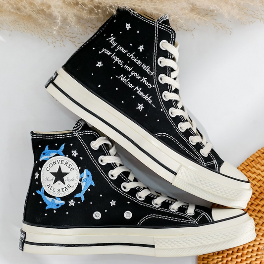 Embroidered Converse, Dolphin Embroidered Shoes Custom, Blue Whale Embroidery Sneaker, Ocean Constellation Embroidered Converse Gift for Her