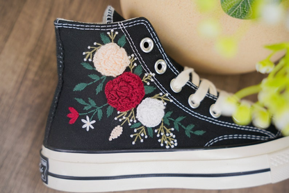 Custom Black Converse Chuck Taylor Embroidered, Rose Flowers Hand Embroidered Converse